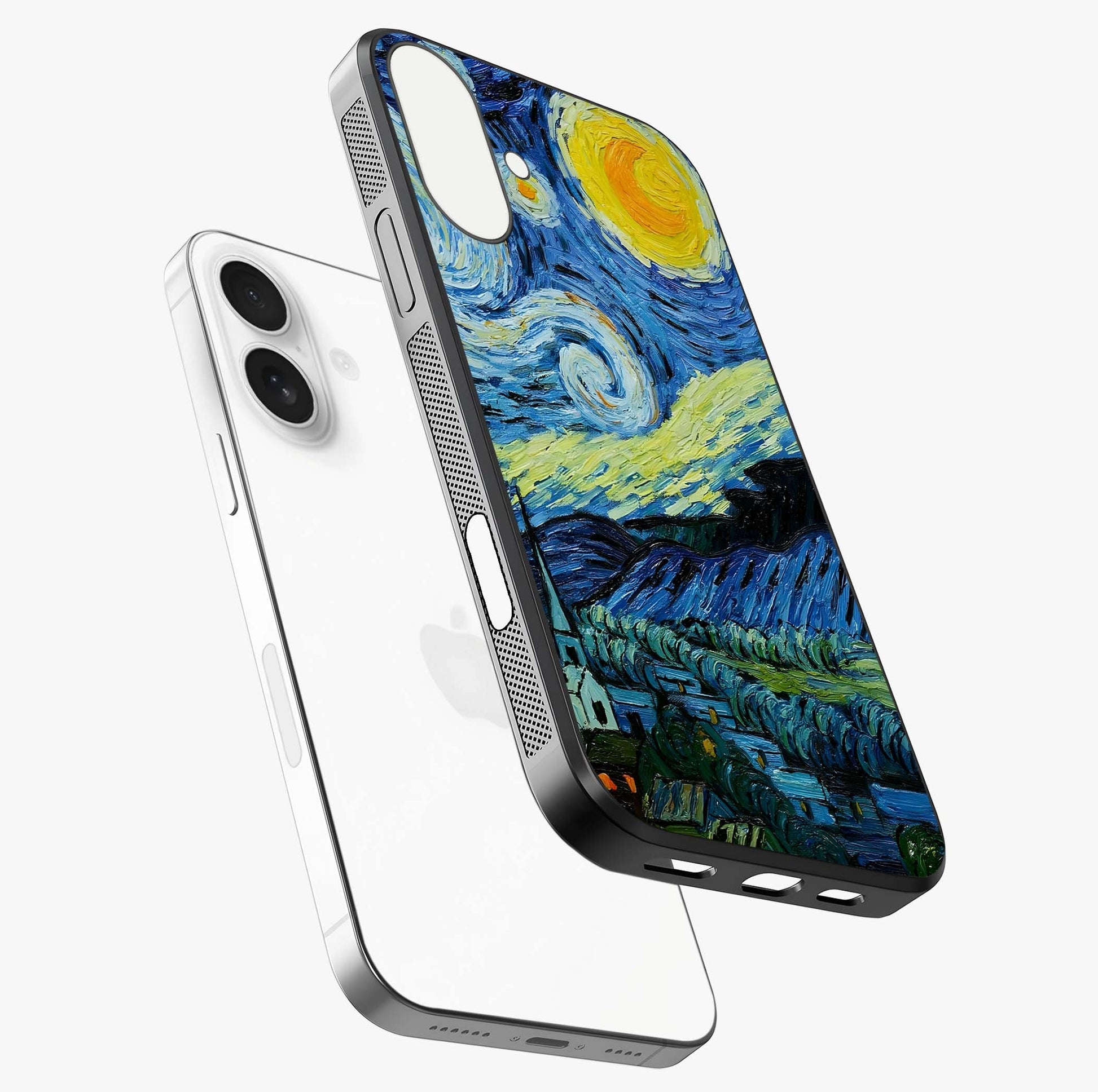 Van Gogh Art Glass Case laid diagonally highlighting side profile, edges and glossy glass shine.