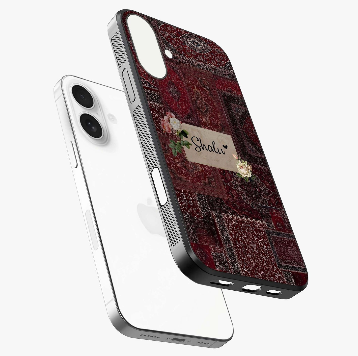 Velvet Wine Pattern Custom Name Glass Case laid diagonally highlighting side profile, edges and glossy glass shine.