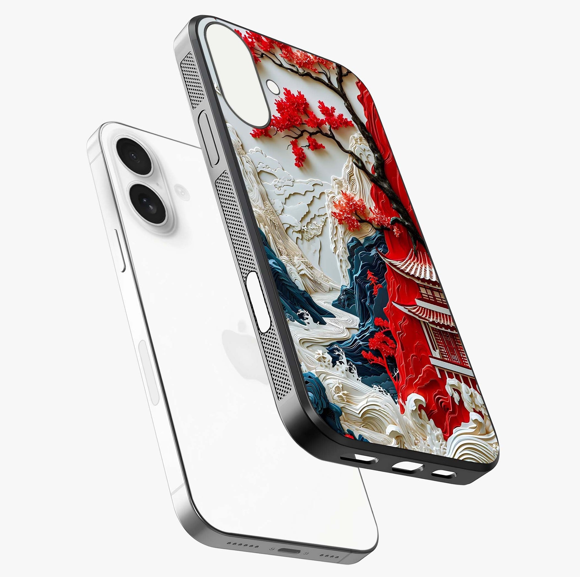Whispers Of Sakura Waves Glass Case laid diagonally highlighting side profile, edges and glossy glass shine.