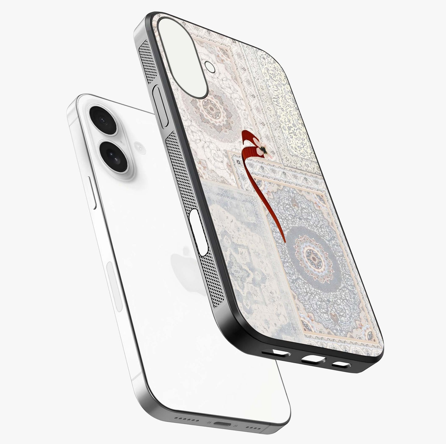 White Aesthetic Bow Glass Case laid diagonally highlighting side profile, edges and glossy glass shine.