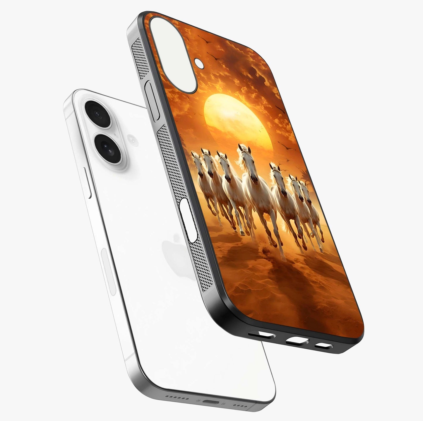 Wild Sunset Majesty Glass Case laid diagonally highlighting side profile, edges and glossy glass shine.
