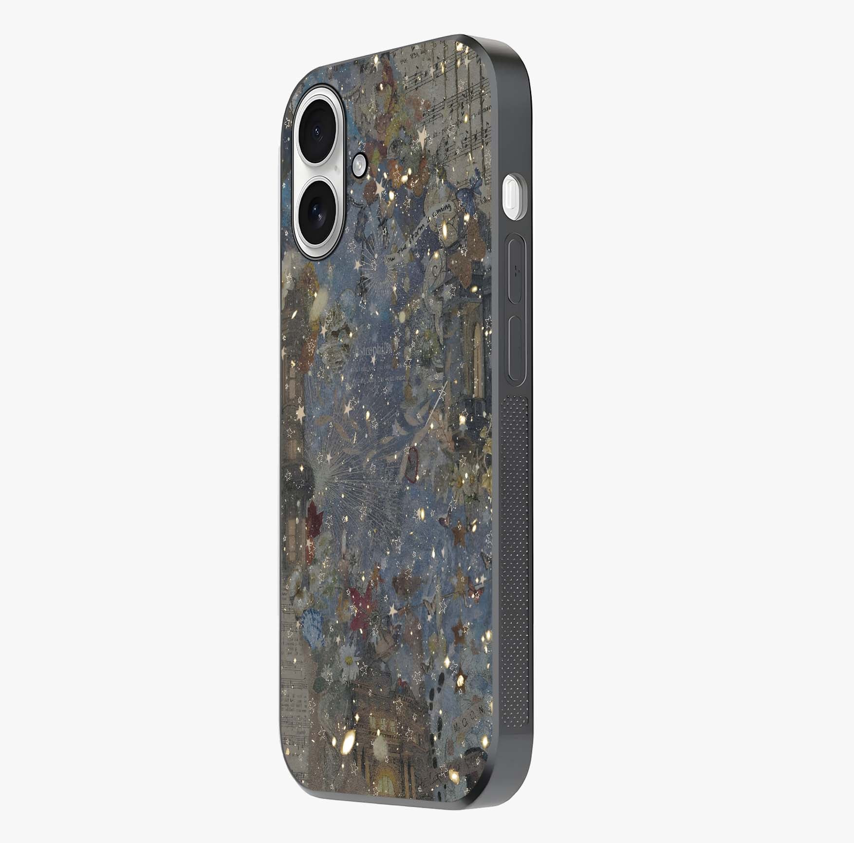 Aesthetic Astrolophia Glass Case photographed in natural light showing reflective finish and design depth.