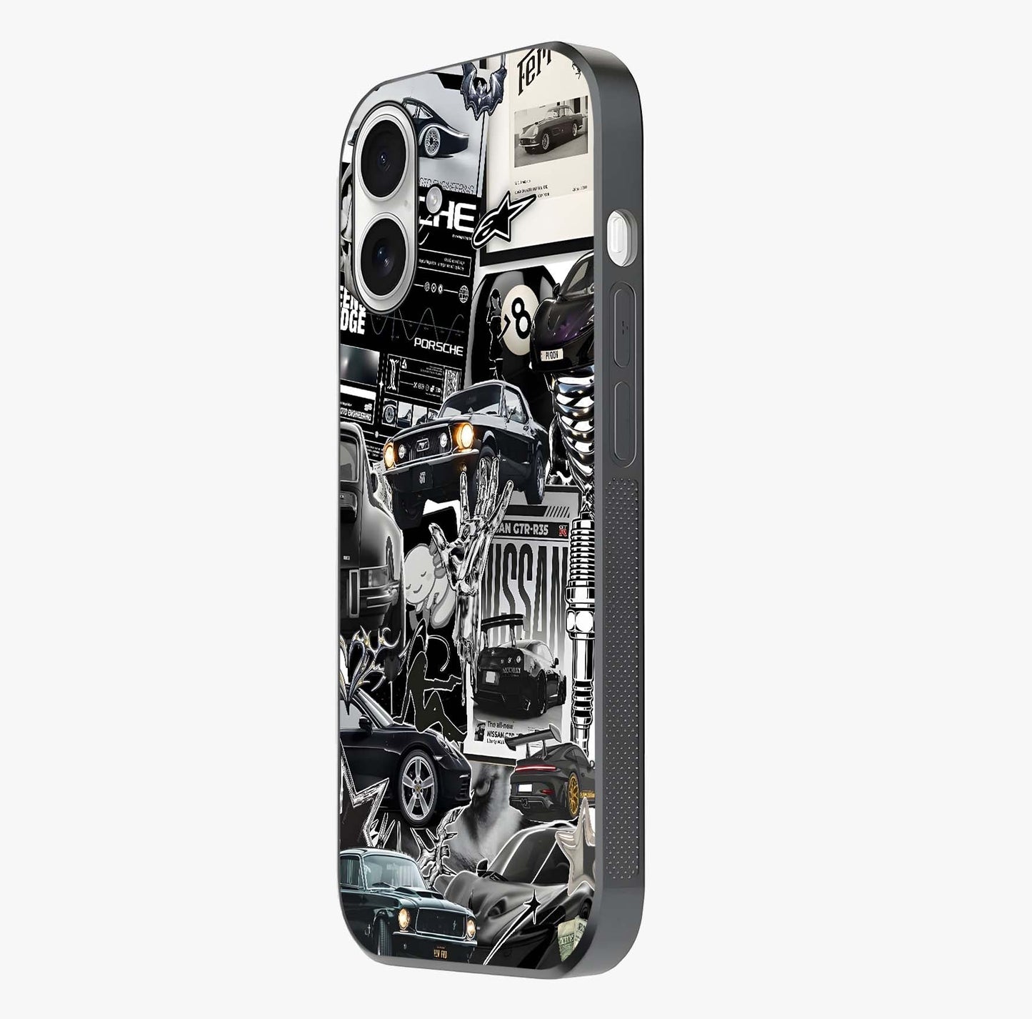 Aesthetic Dark Love Glass Case photographed in natural light showing reflective finish and design depth.