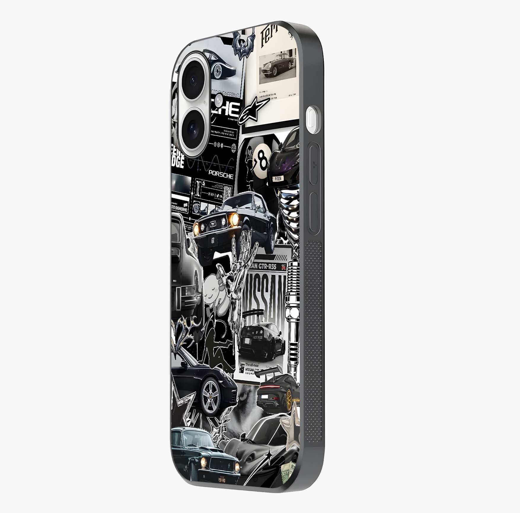 Aesthetic Dark Love Glass Case photographed in natural light showing reflective finish and design depth.