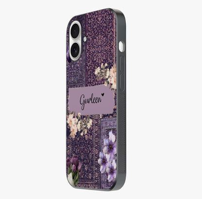 Antique Floral Whisper Custom Name Glass Case photographed in natural light showing reflective finish and design depth.