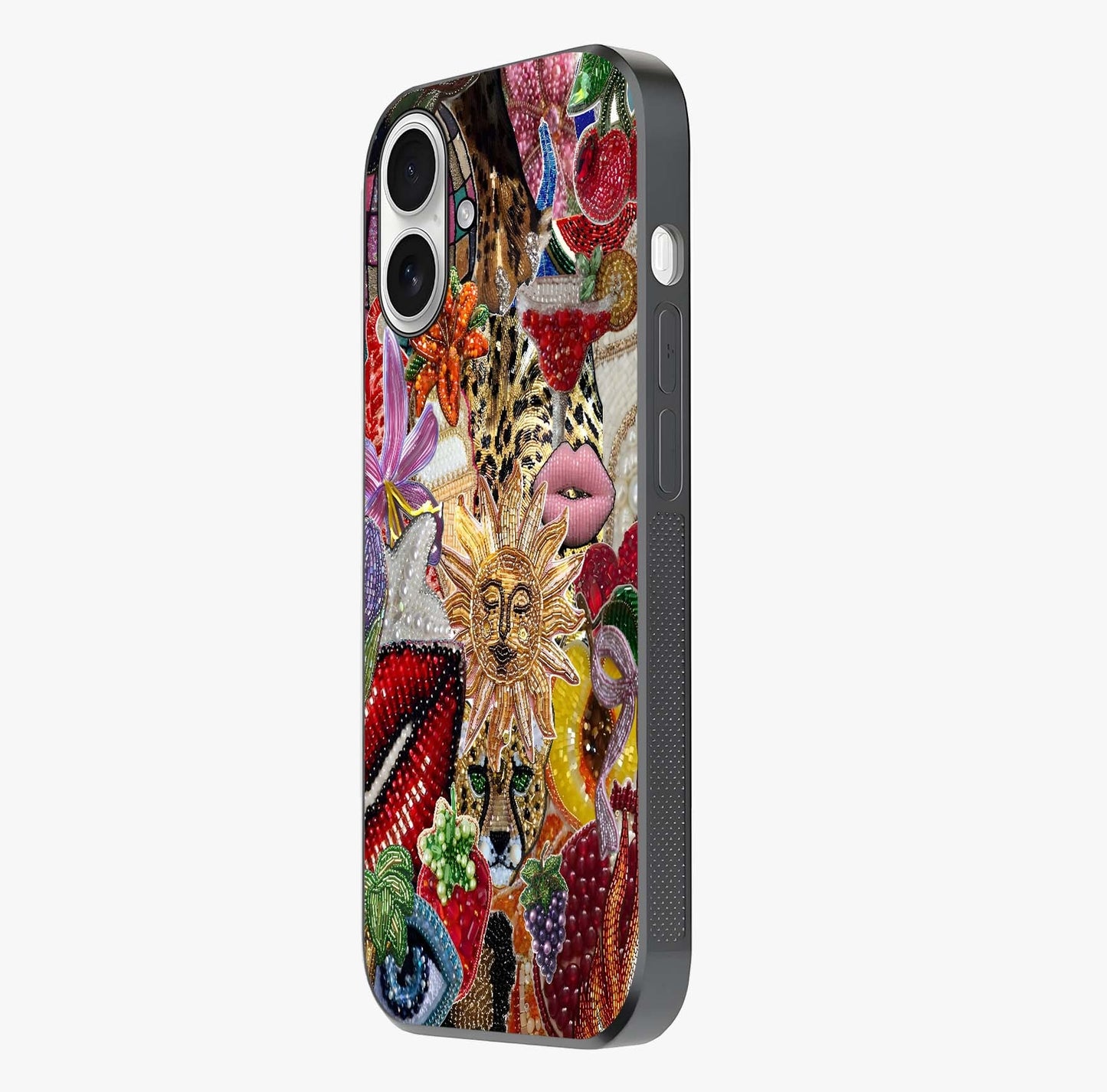 Beaded Fashion Jungle Glass Case photographed in natural light showing reflective finish and design depth.