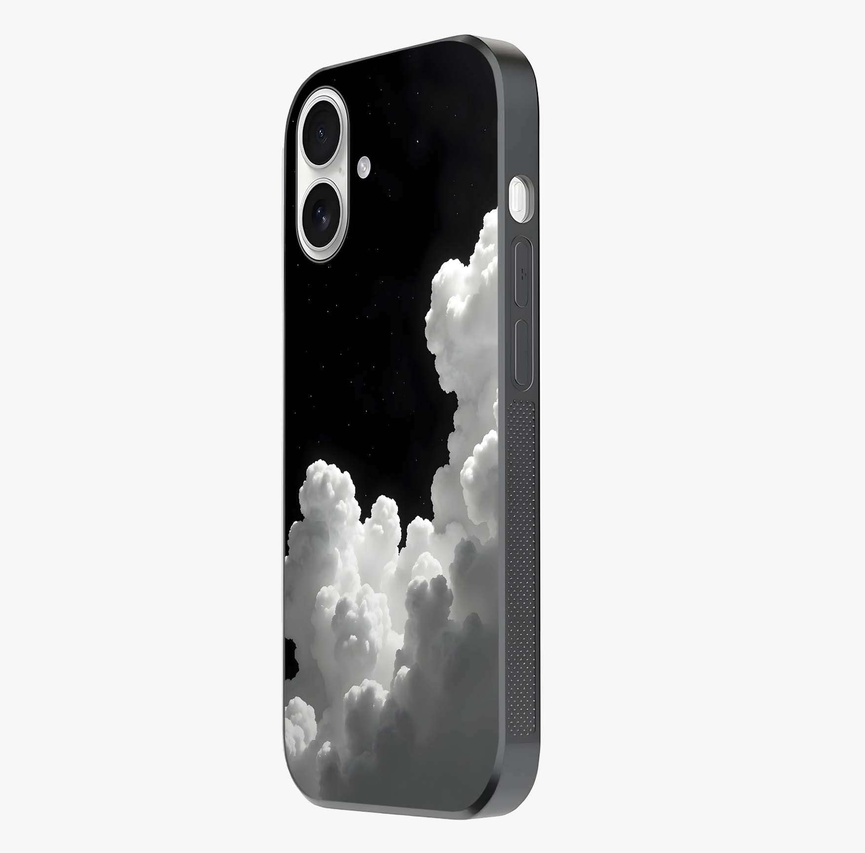 Black Background With White Cloud Glass Case photographed in natural light showing reflective finish and design depth.
