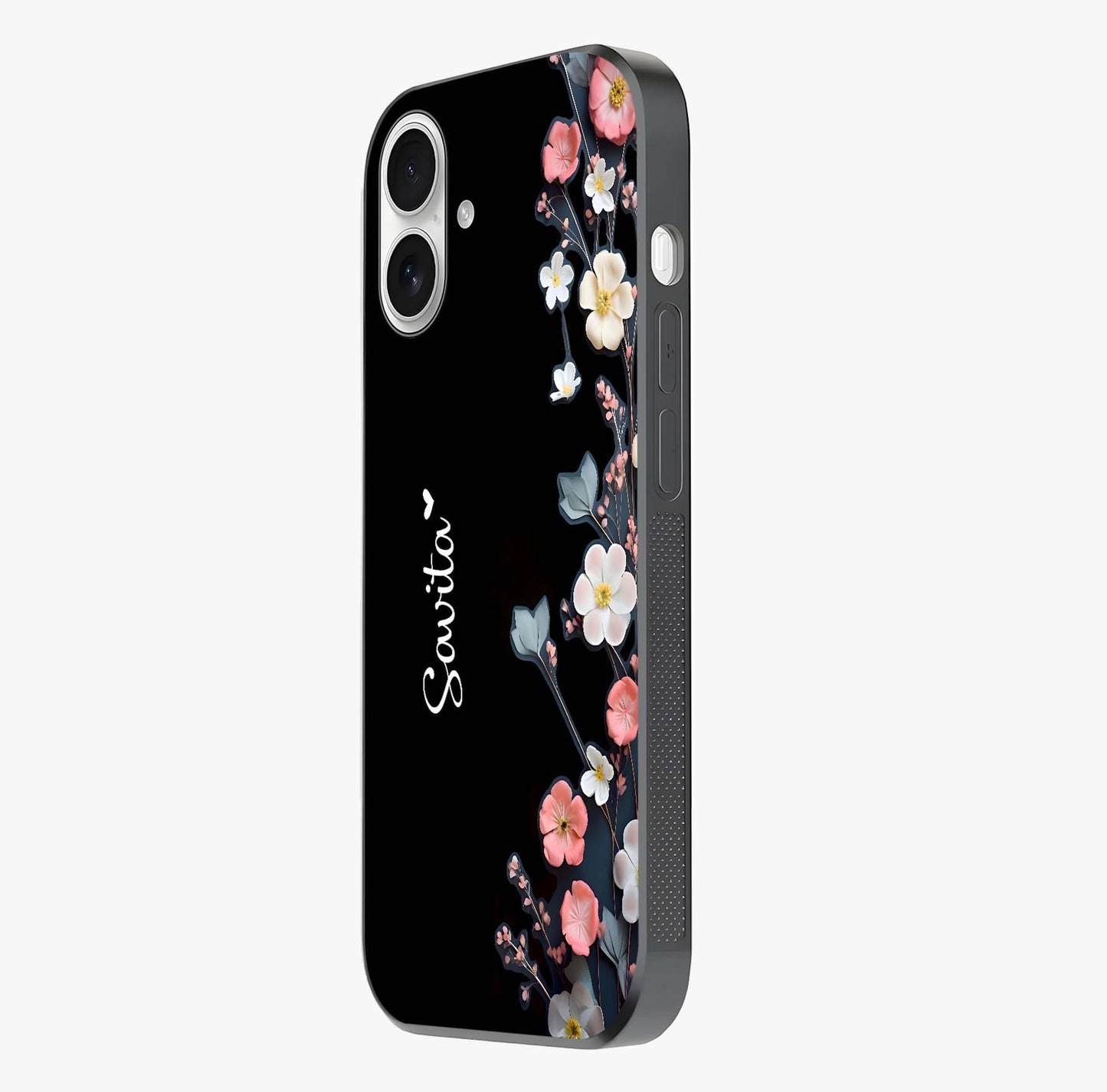 Black Elegance Floral Custom Name Glass Case photographed in natural light showing reflective finish and design depth.