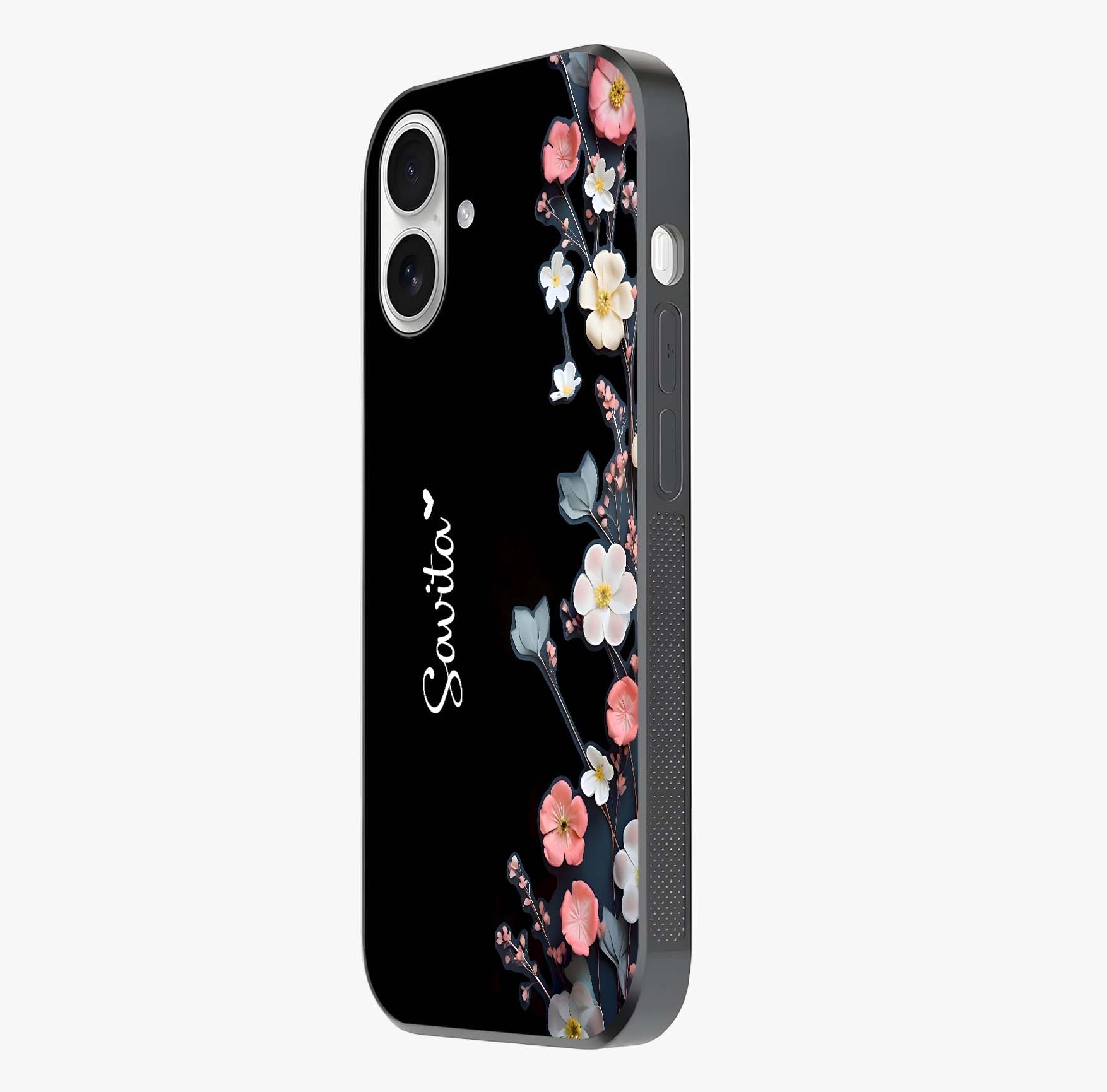 Black Elegance Floral Custom Name Glass Case photographed in natural light showing reflective finish and design depth.