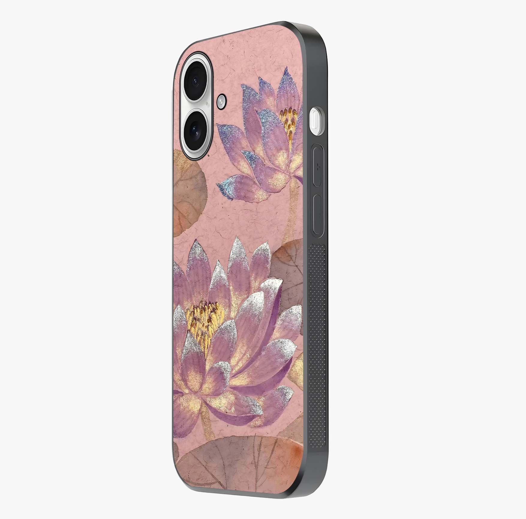 Blossom Mist Lotus Glass Case photographed in natural light showing reflective finish and design depth.