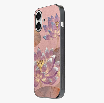 Blossom Mist Lotus Glass Case photographed in natural light showing reflective finish and design depth.