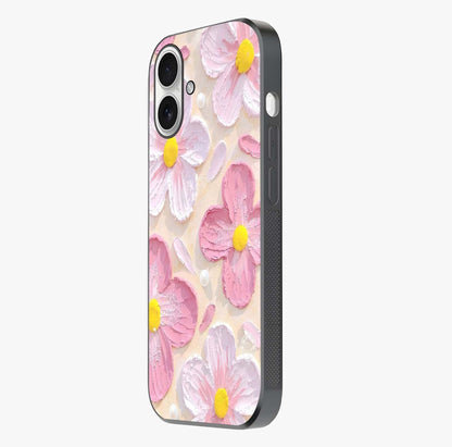 Blush Bloom Texture Glass Case photographed in natural light showing reflective finish and design depth.