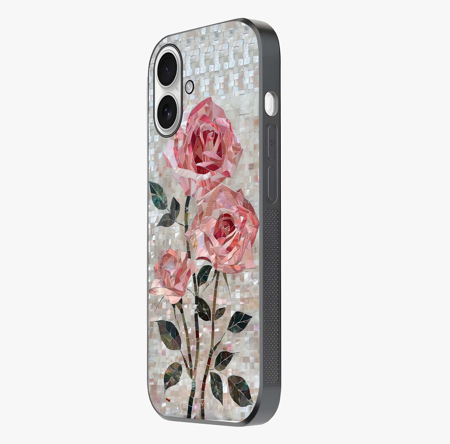 Blush Mosaic Bloom Glass Case photographed in natural light showing reflective finish and design depth.