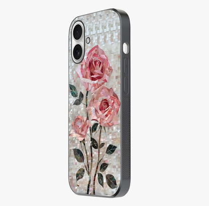 Blush Mosaic Bloom Glass Case photographed in natural light showing reflective finish and design depth.