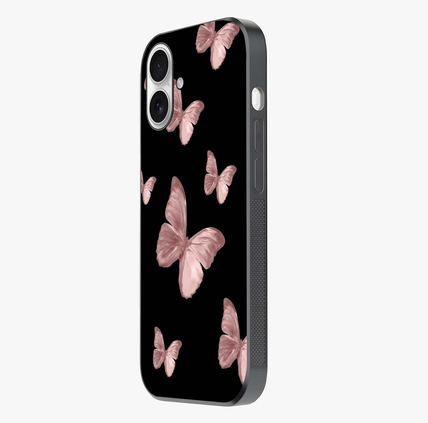 Butterfly Pattern Glass Case photographed in natural light showing reflective finish and design depth.