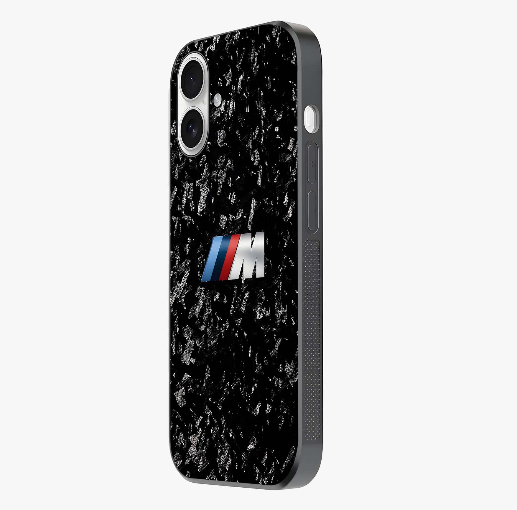 Carbon Speed Mark Glass Case photographed in natural light showing reflective finish and design depth.