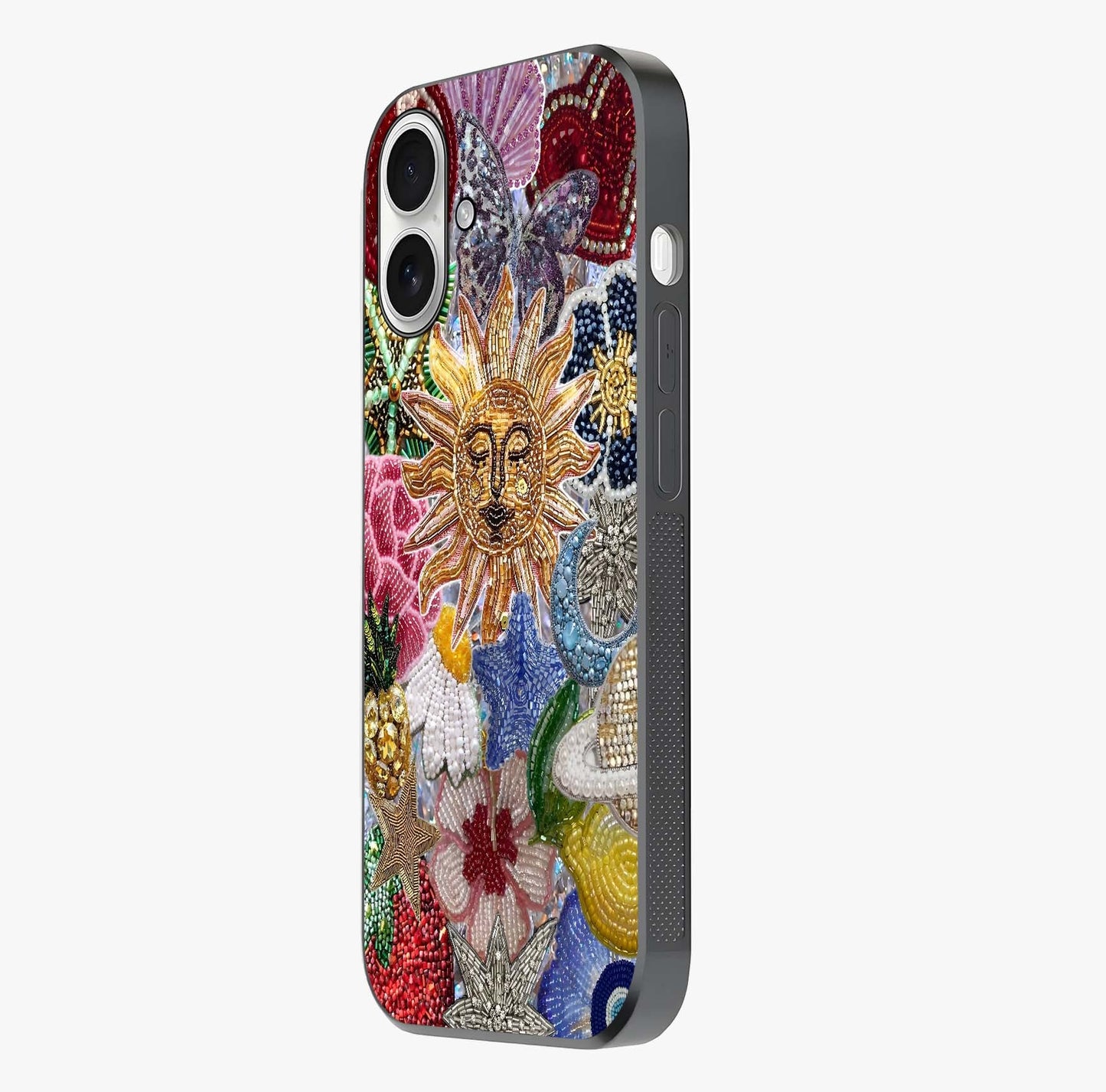 Celestial Floral And Playful Glass Case photographed in natural light showing reflective finish and design depth.