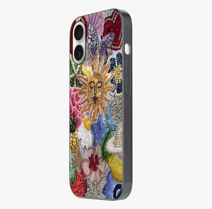 Celestial Floral And Playful Glass Case photographed in natural light showing reflective finish and design depth.