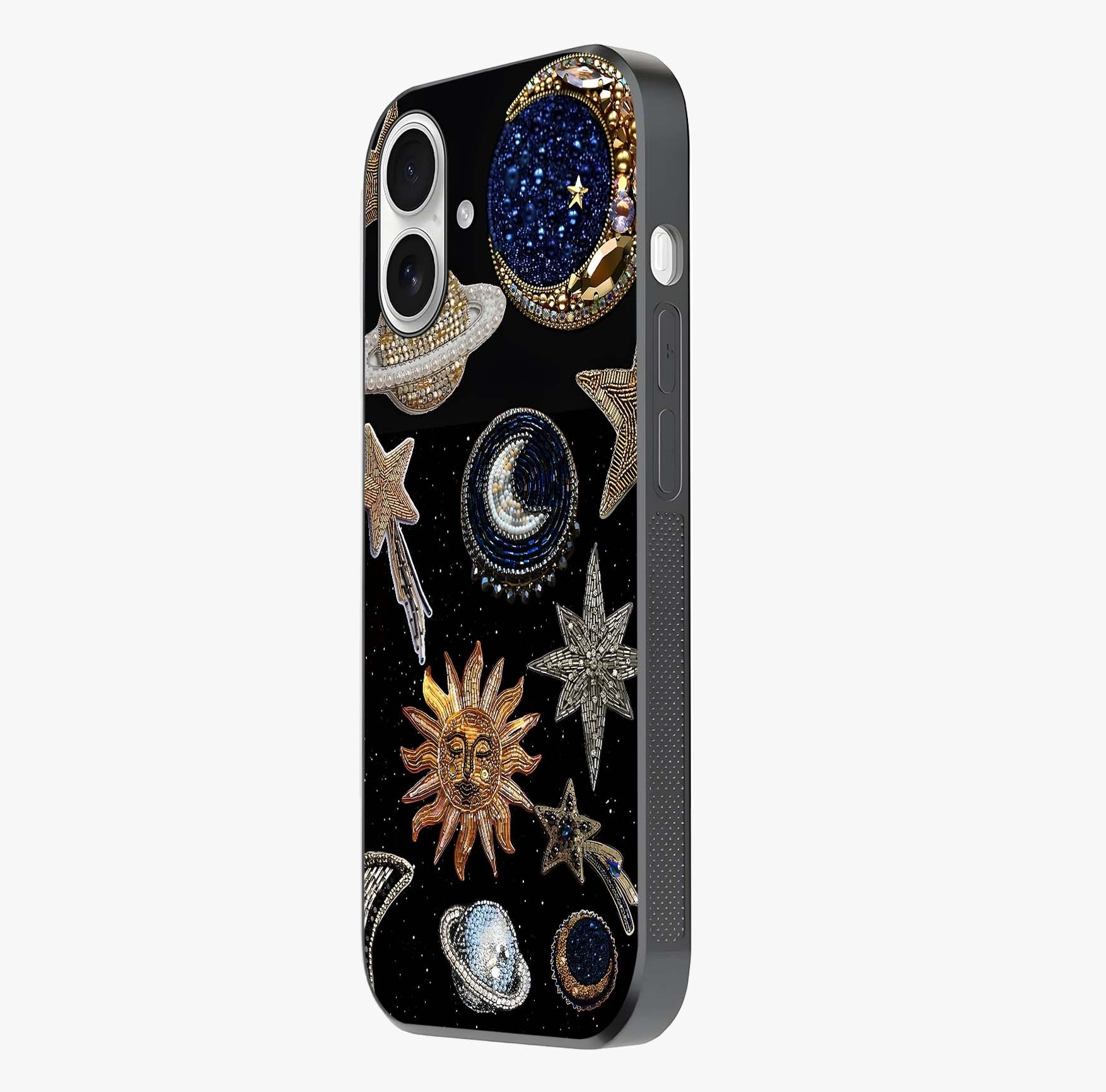 Celestial Gem Constellations Glass Case photographed in natural light showing reflective finish and design depth.