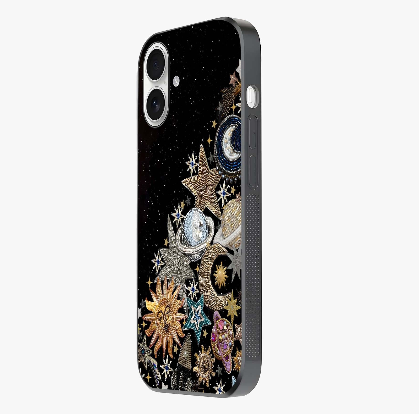 Cosmic Sparkle Dreams Glass Case photographed in natural light showing reflective finish and design depth.