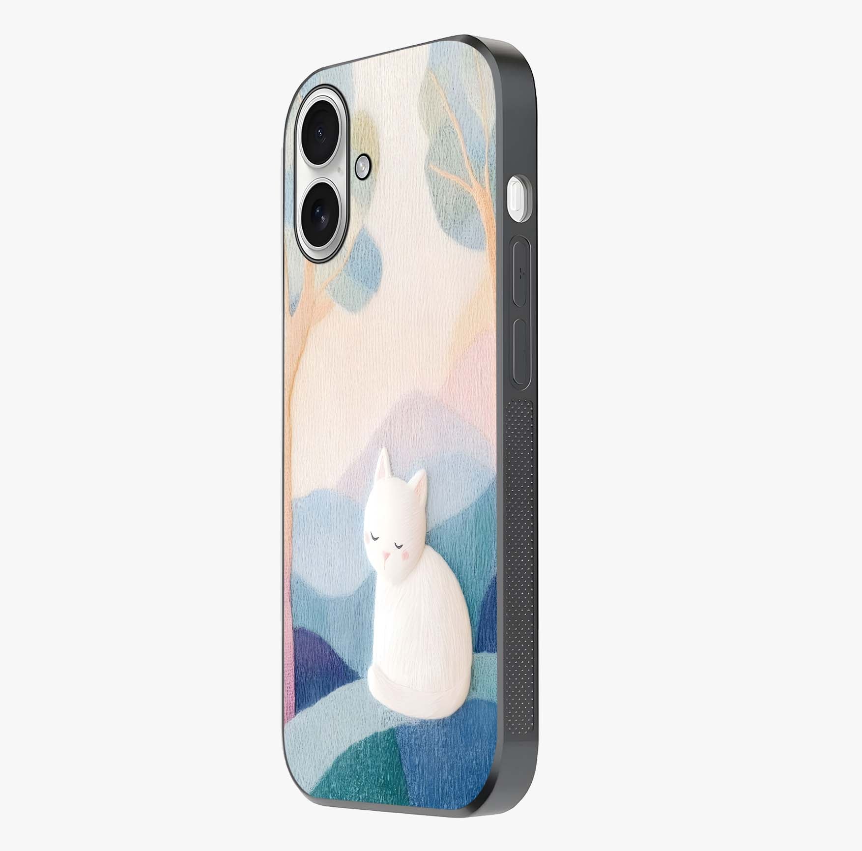 Cotton Dream Cat Glass Case photographed in natural light showing reflective finish and design depth.