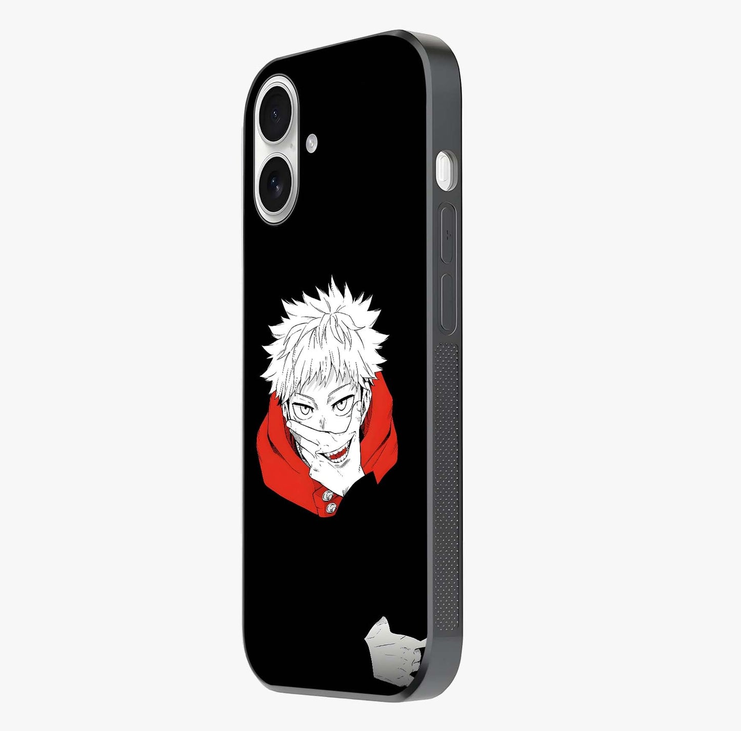 Crimson Chaos Smile Glass Case photographed in natural light showing reflective finish and design depth.