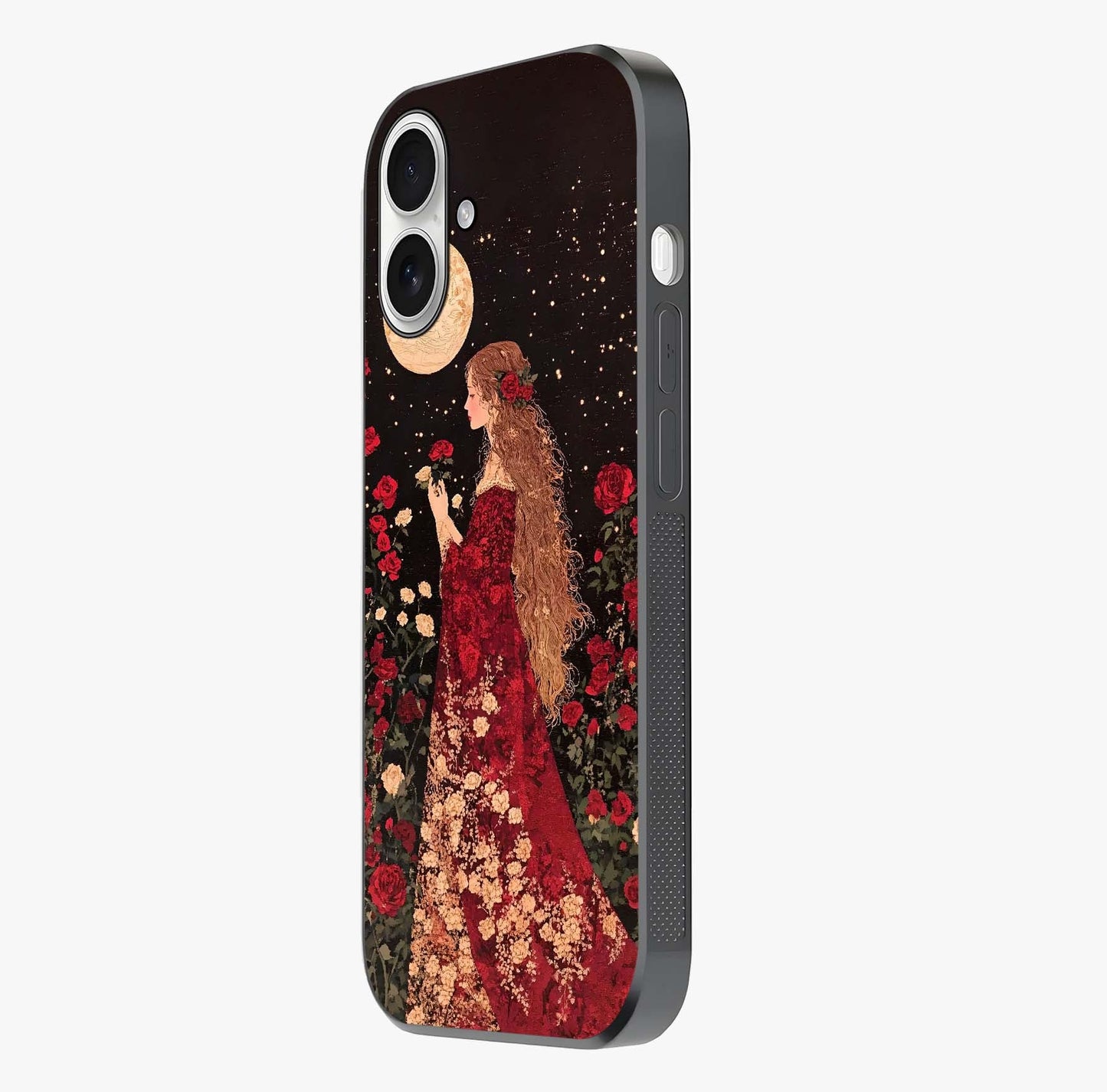 Crimson Dreams Glass Case photographed in natural light showing reflective finish and design depth.