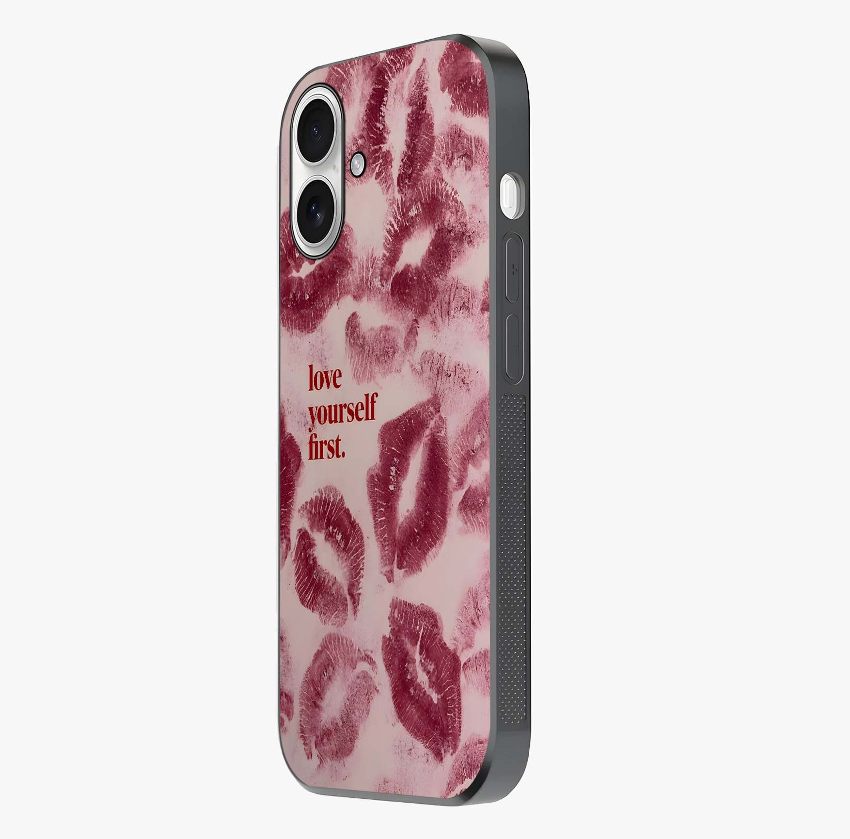 Crimson Kiss Love Glass Case photographed in natural light showing reflective finish and design depth.