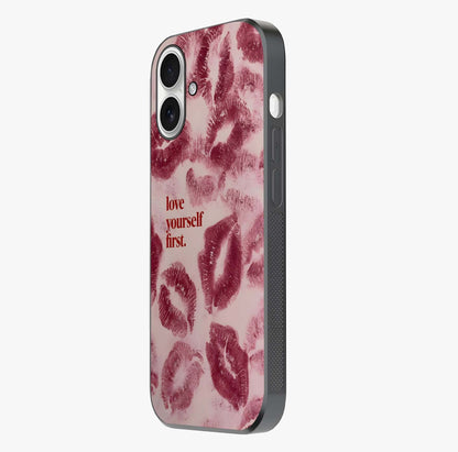 Crimson Kiss Love Glass Case photographed in natural light showing reflective finish and design depth.