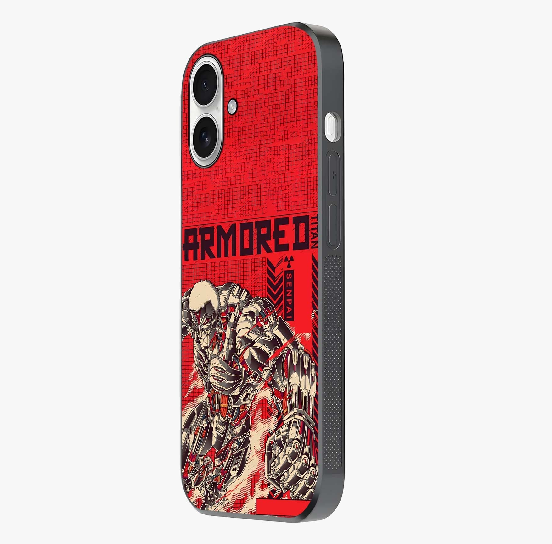 Crimson Mecha Titan Glass Case photographed in natural light showing reflective finish and design depth.