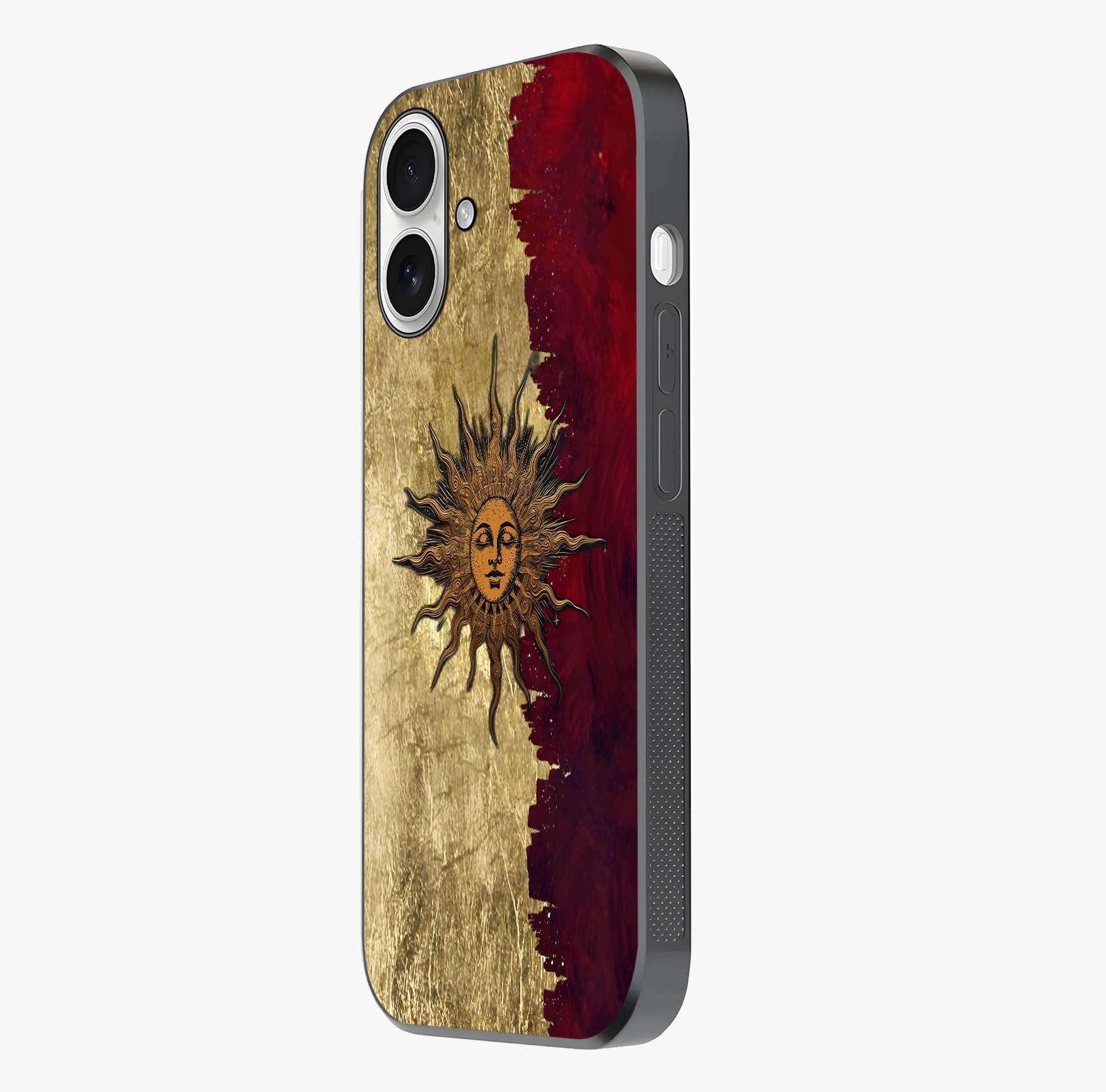 Crimson Sun Majesty Glass Case photographed in natural light showing reflective finish and design depth.