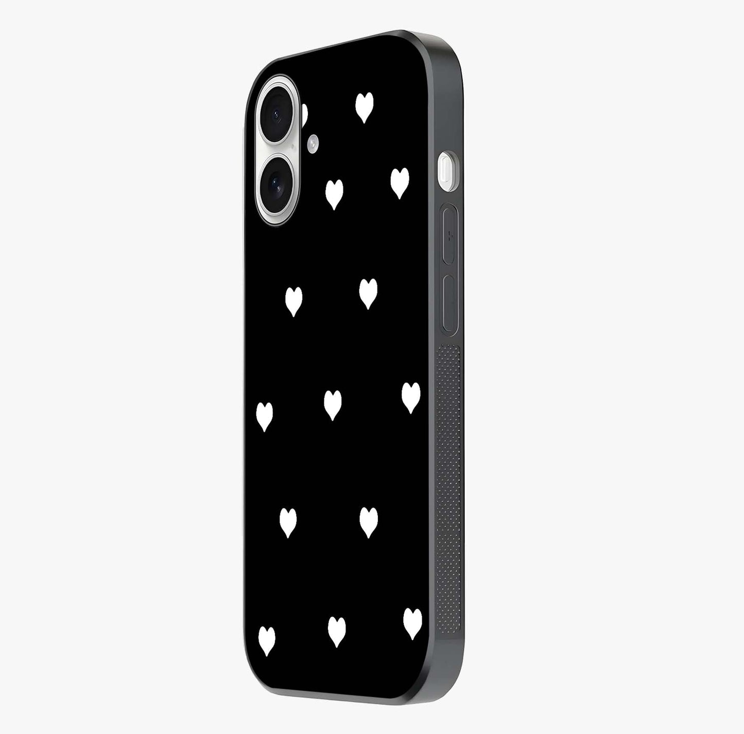 Cute And Simple White Hearts Glass Case photographed in natural light showing reflective finish and design depth.