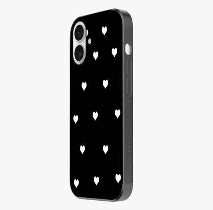 Cute And Simple White Hearts Glass Case photographed in natural light showing reflective finish and design depth.