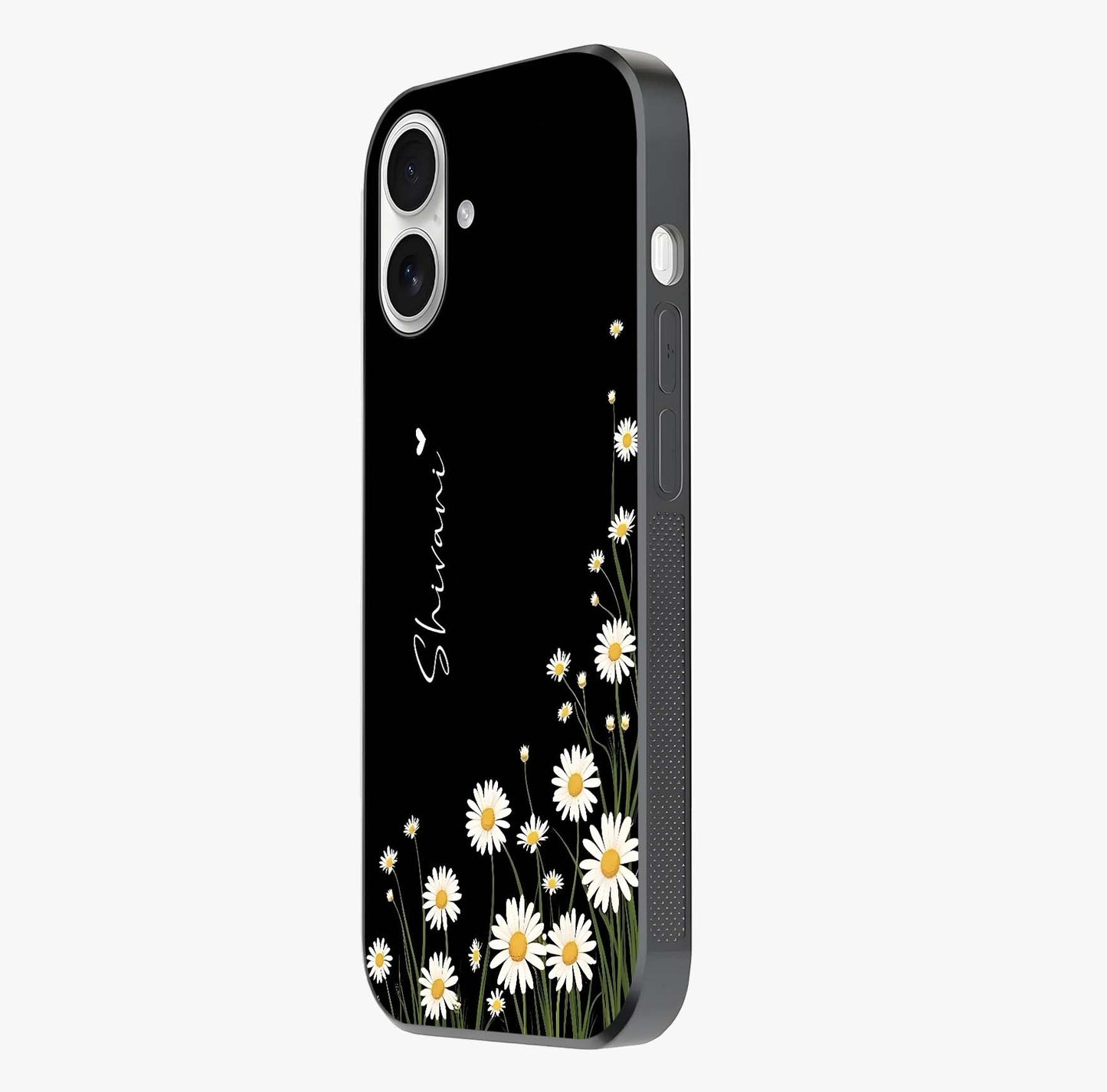 Daisy Cascade Custom Name Glass Case photographed in natural light showing reflective finish and design depth.