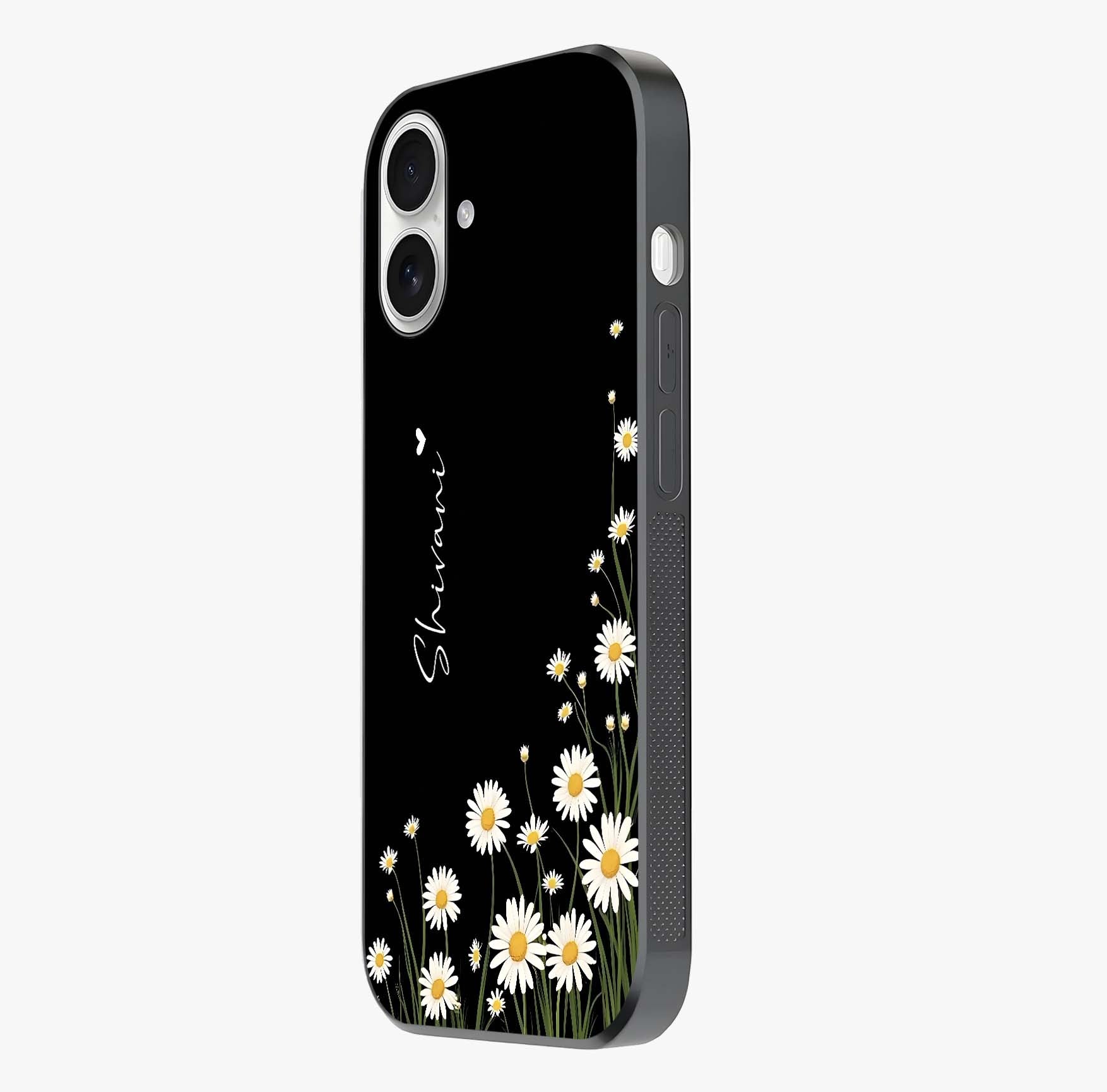 Daisy Cascade Custom Name Glass Case photographed in natural light showing reflective finish and design depth.