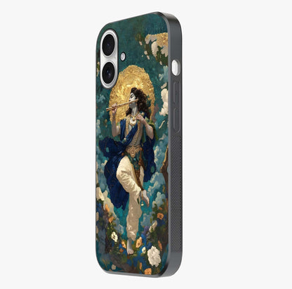 Divine Krishna Art Glass Case photographed in natural light showing reflective finish and design depth.