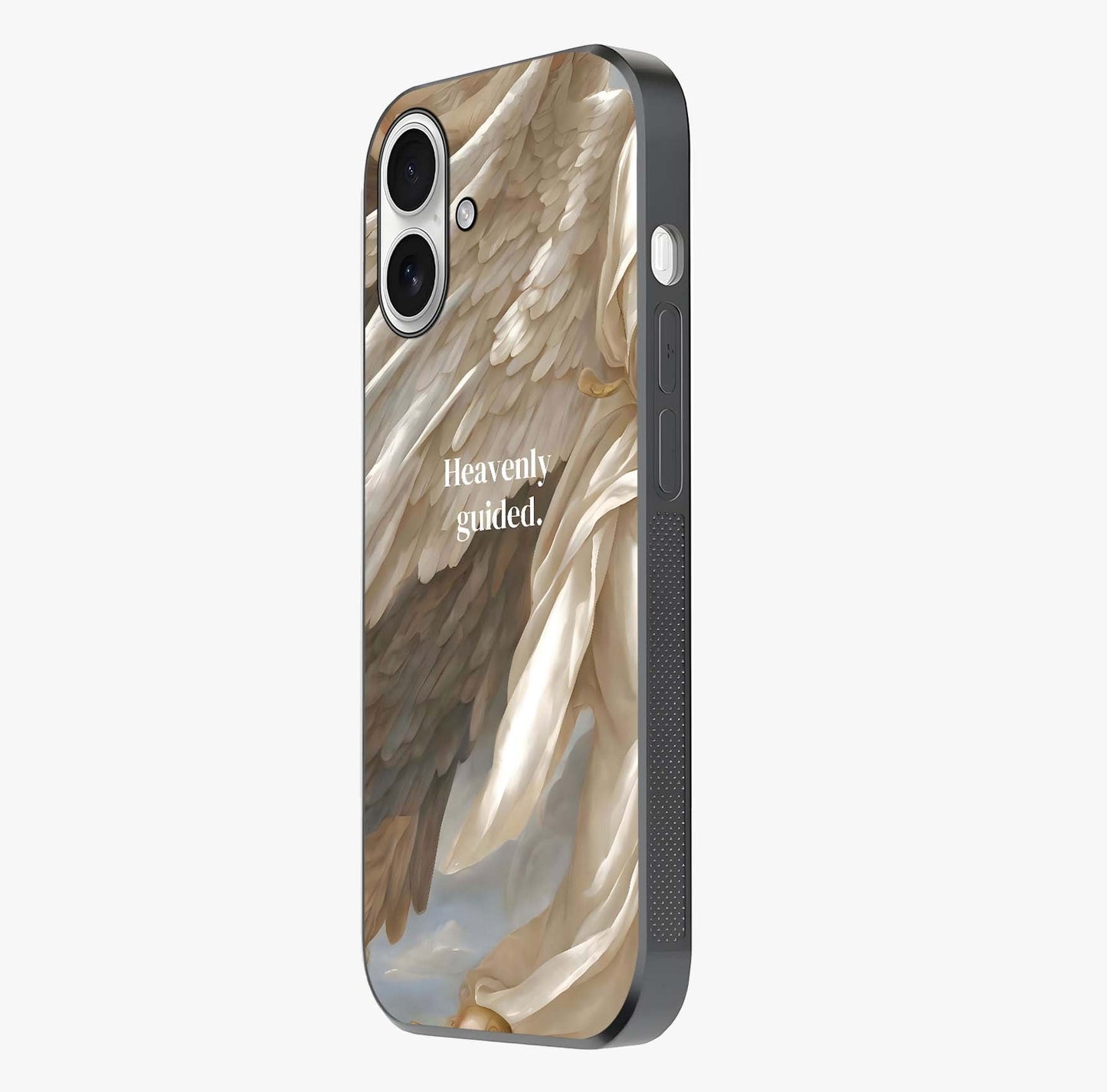 Divine Winged Grace Glass Case photographed in natural light showing reflective finish and design depth.