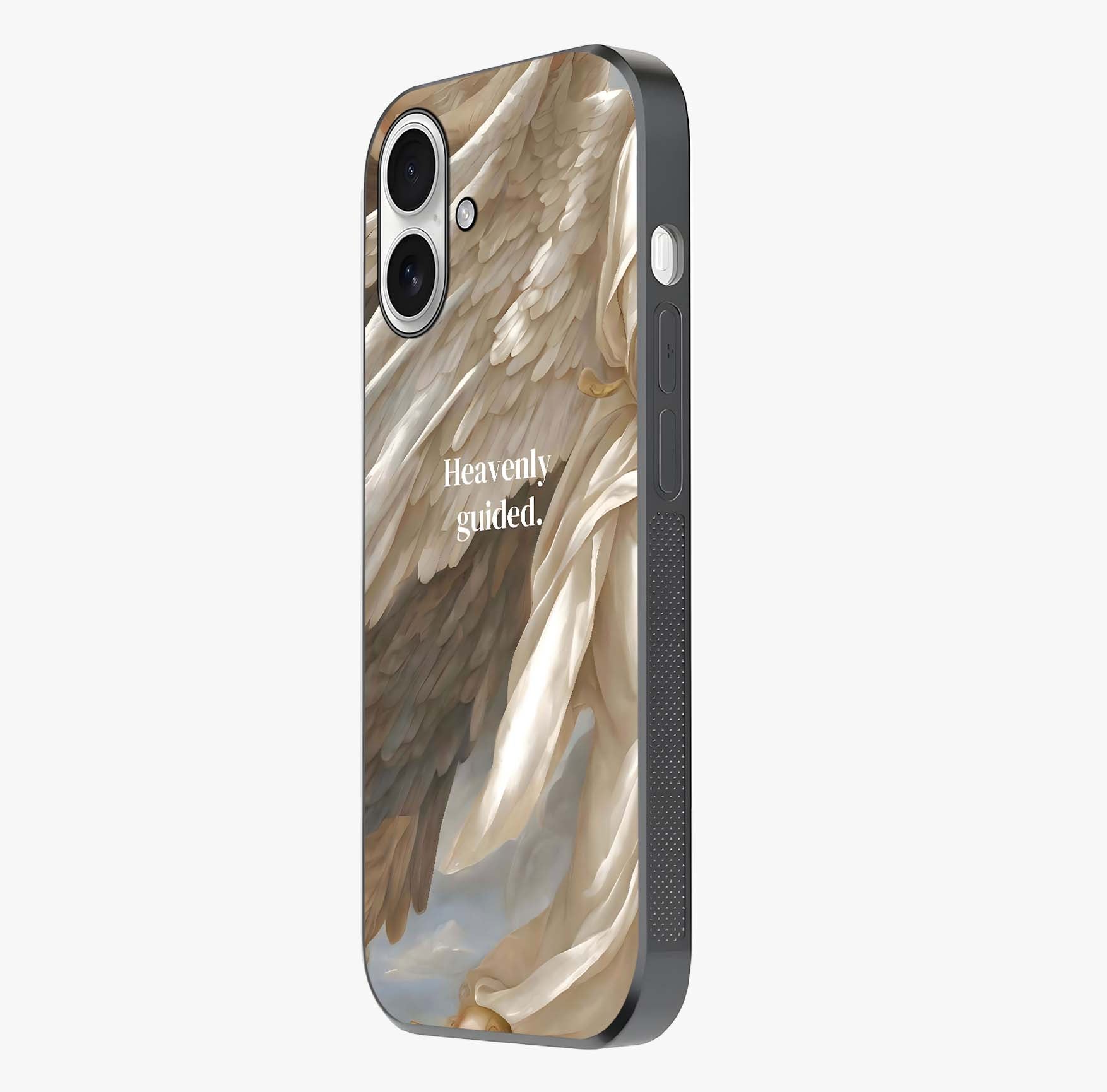 Divine Winged Grace Glass Case photographed in natural light showing reflective finish and design depth.