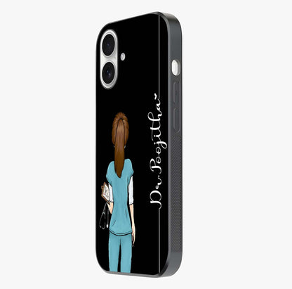 Doctor Pattern Custom Name Glass Case photographed in natural light showing reflective finish and design depth.