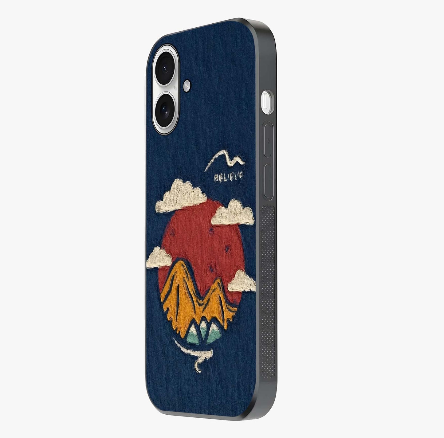 Dream Beyond Mountains Glass Case photographed in natural light showing reflective finish and design depth.