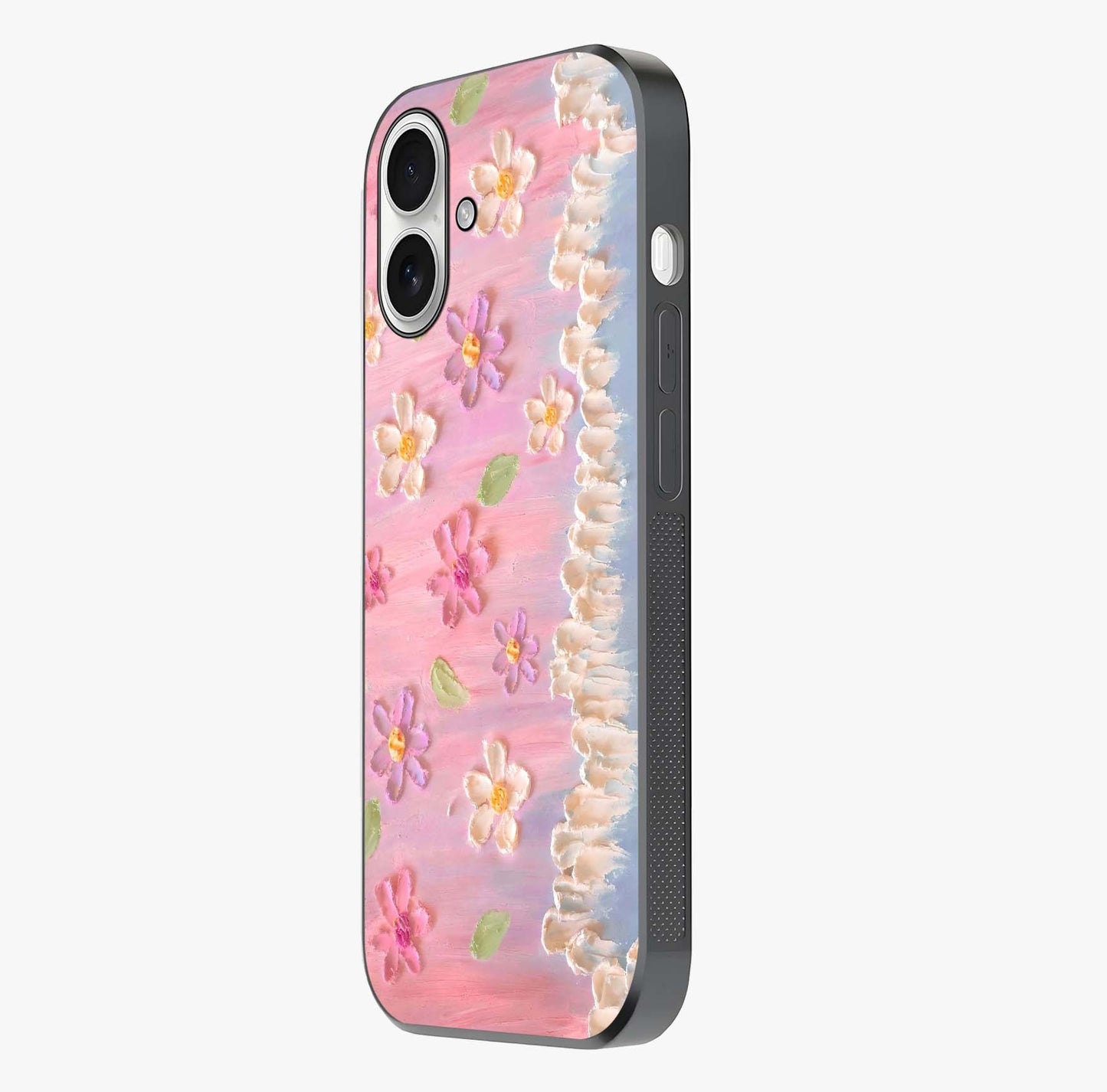 Dreamy Painted Garden Glass Case photographed in natural light showing reflective finish and design depth.