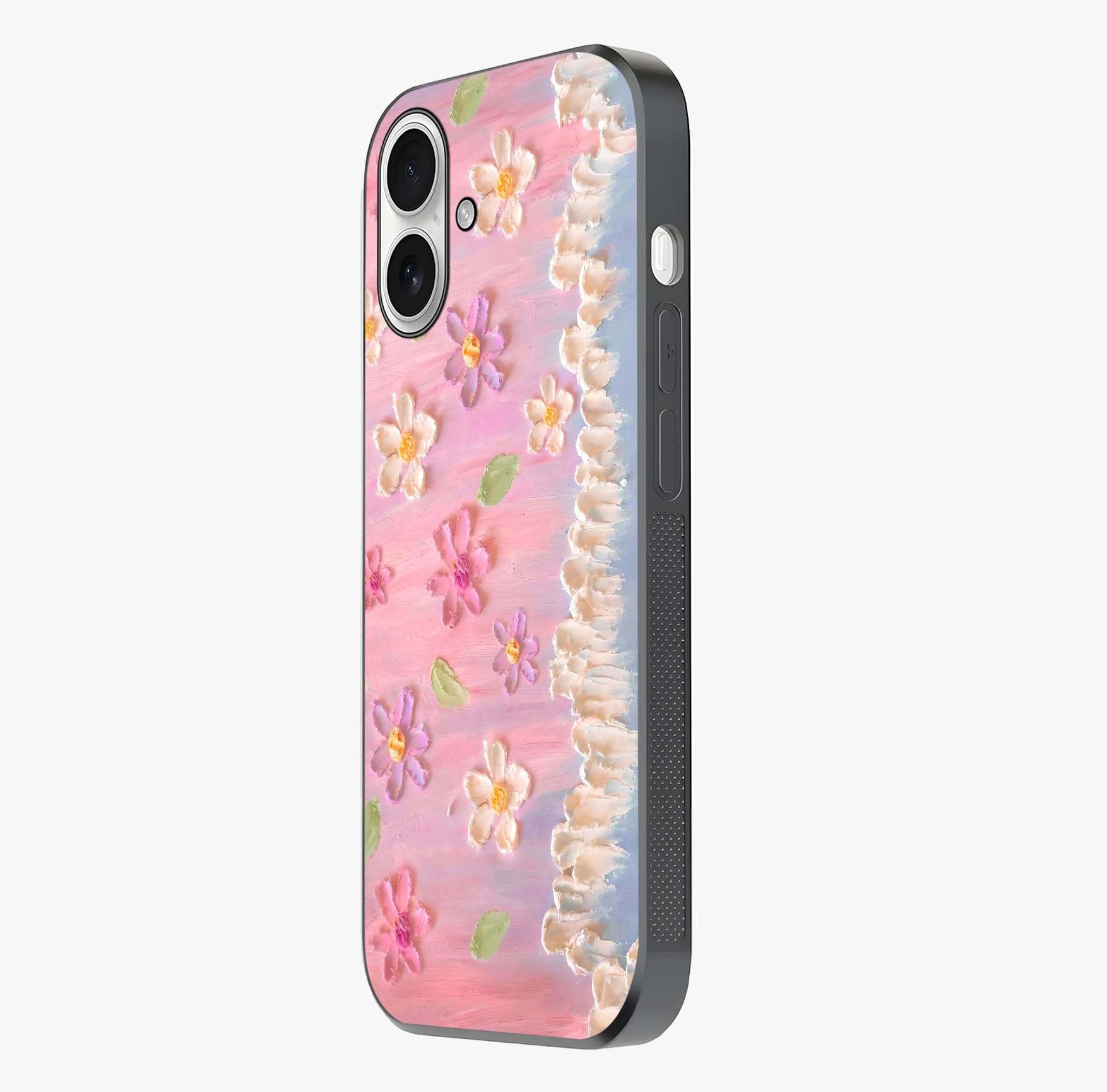 Dreamy Painted Garden Glass Case photographed in natural light showing reflective finish and design depth.