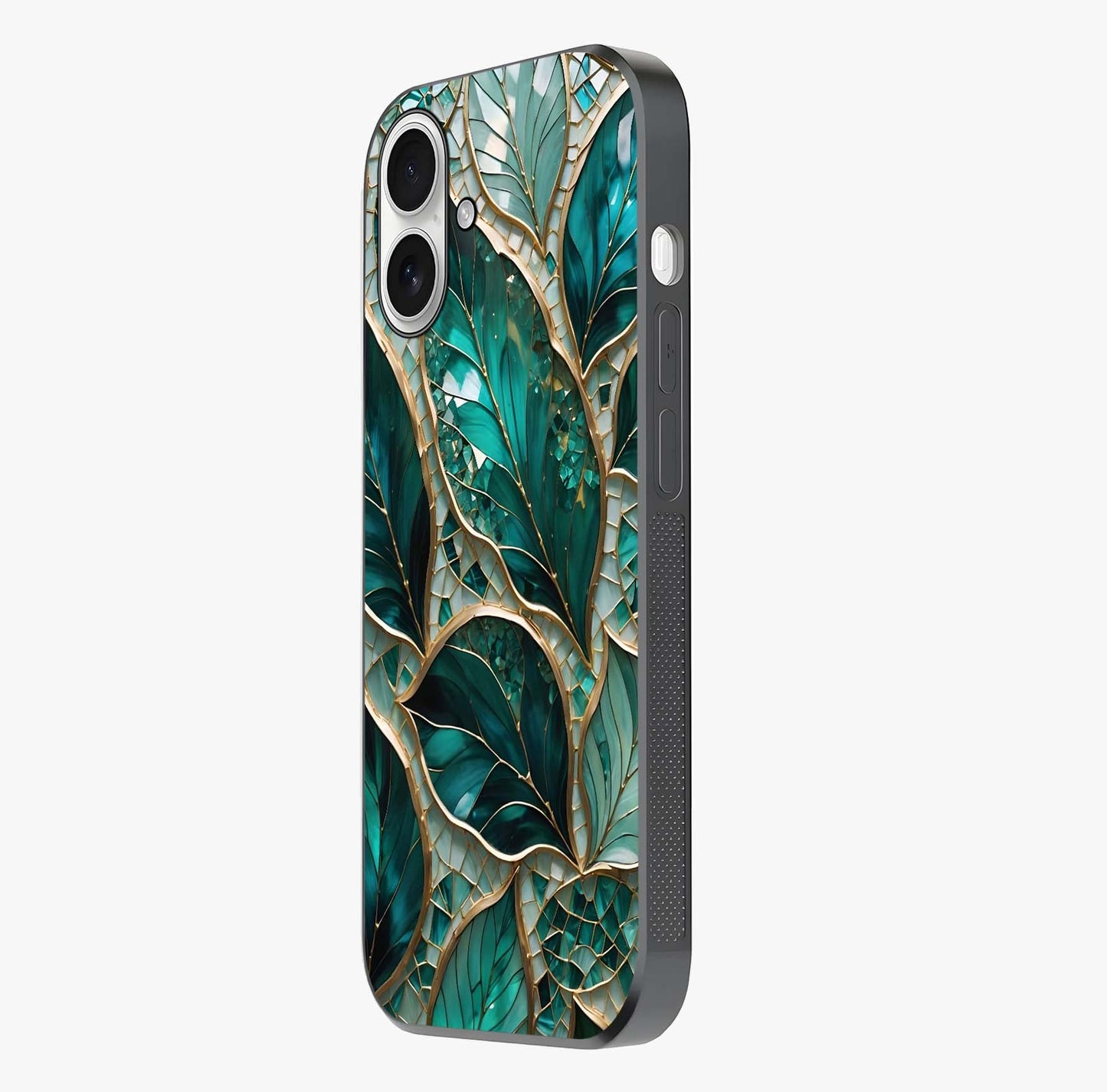 Emerald Leaf Glass Glass Case photographed in natural light showing reflective finish and design depth.