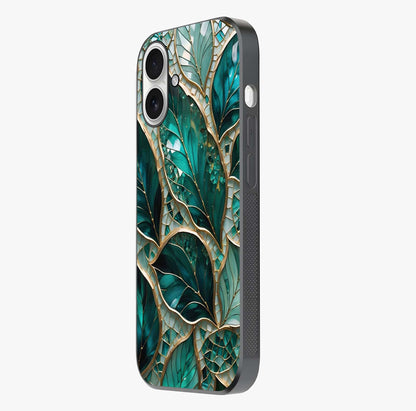 Emerald Leaf Glass Glass Case photographed in natural light showing reflective finish and design depth.