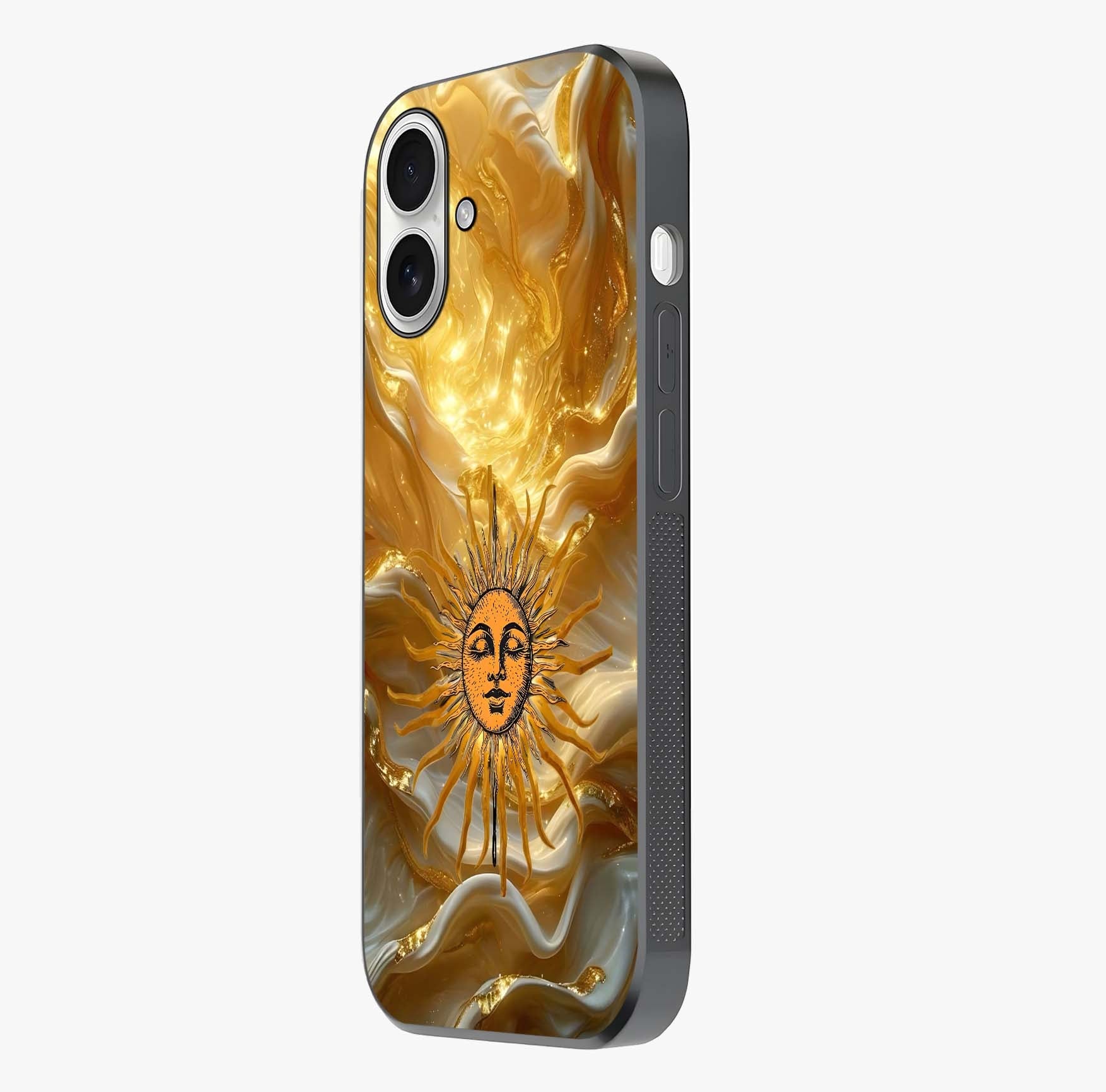 Eternal Golden Glow Glass Case photographed in natural light showing reflective finish and design depth.