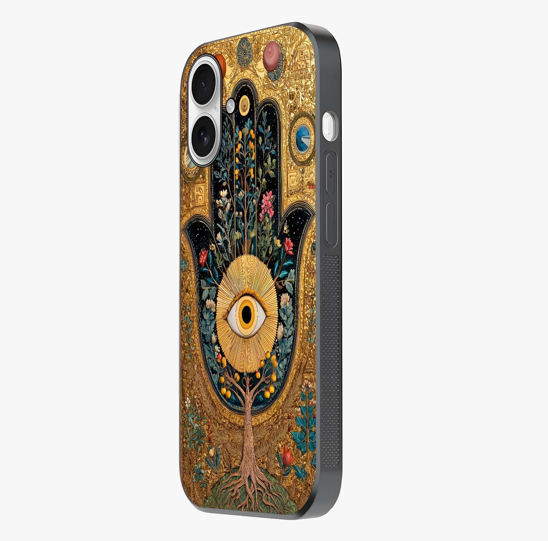 Ethereal Evil Eye Glass Case photographed in natural light showing reflective finish and design depth.