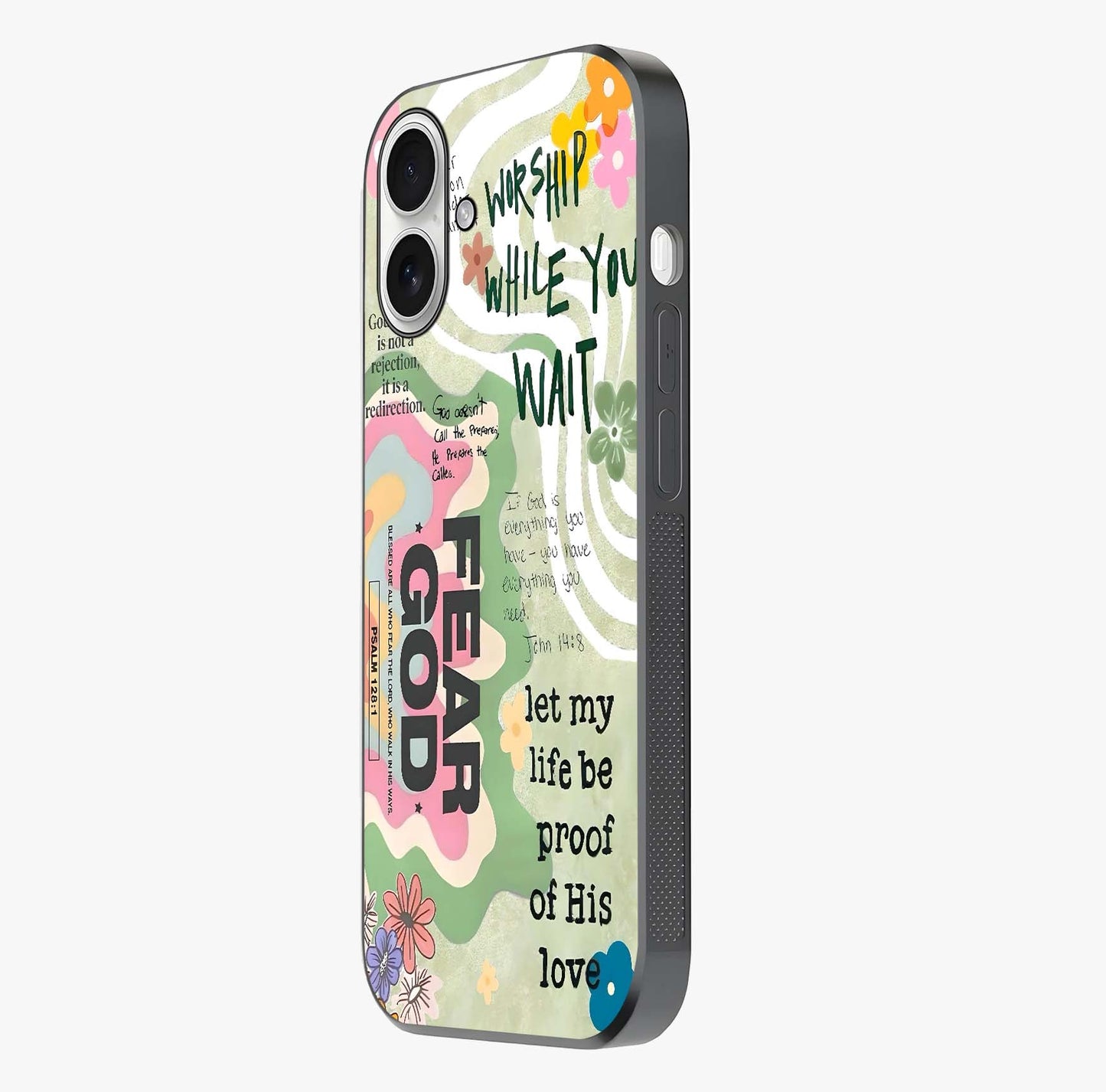 Faith Over Fear Glass Case photographed in natural light showing reflective finish and design depth.