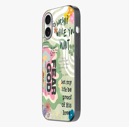Faith Over Fear Glass Case photographed in natural light showing reflective finish and design depth.