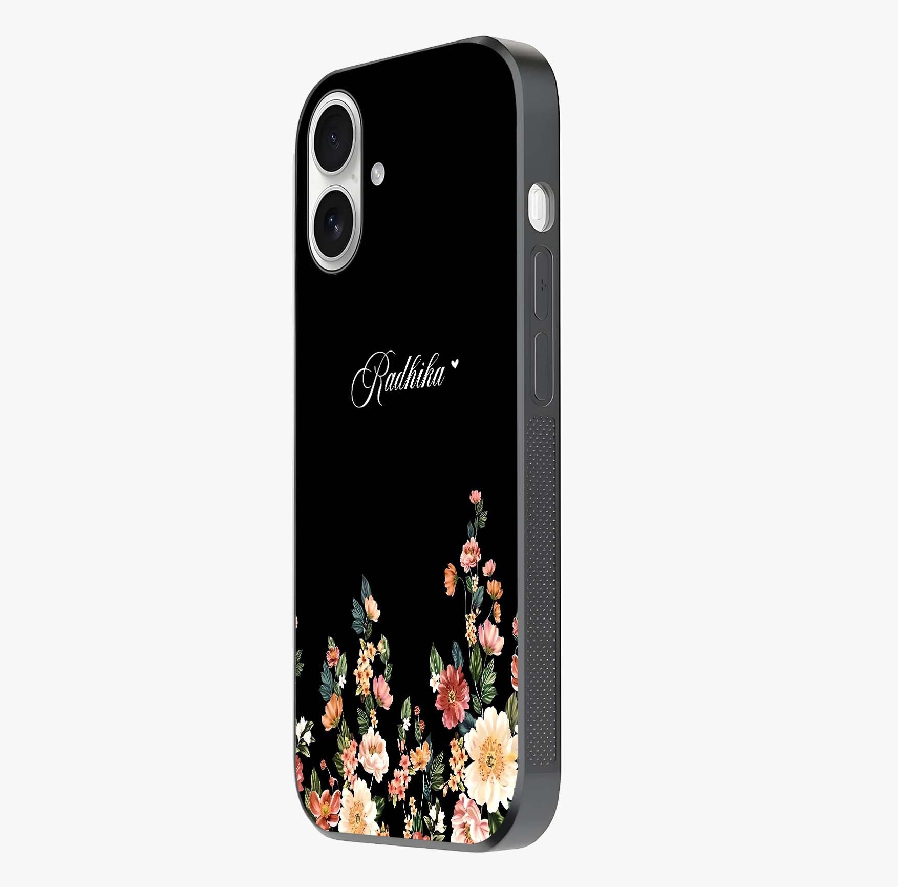 Floral Design With A Custom Personalized Name Glass Case photographed in natural light showing reflective finish and design depth.