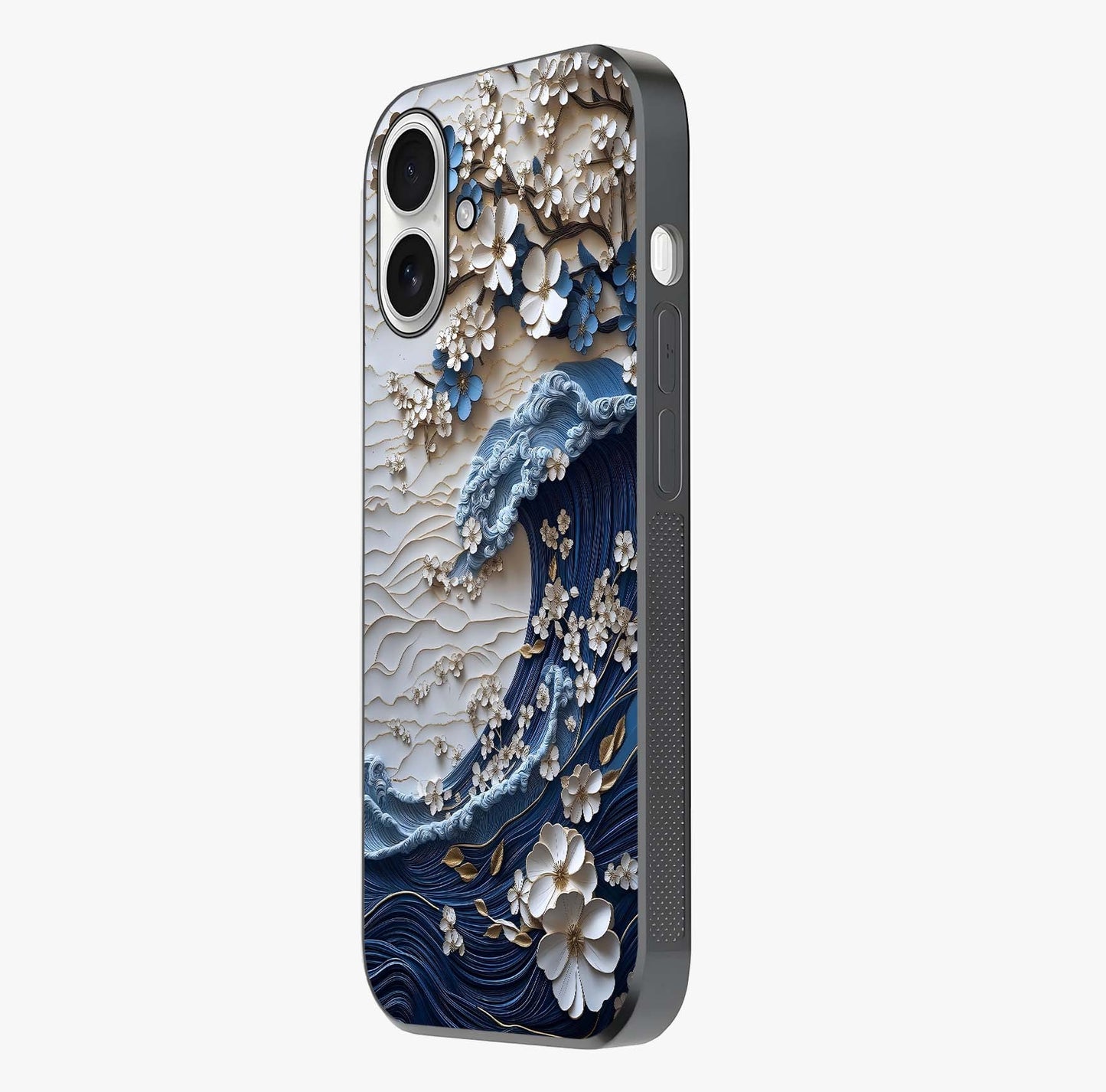 Floral Wave Origami Glass Case photographed in natural light showing reflective finish and design depth.